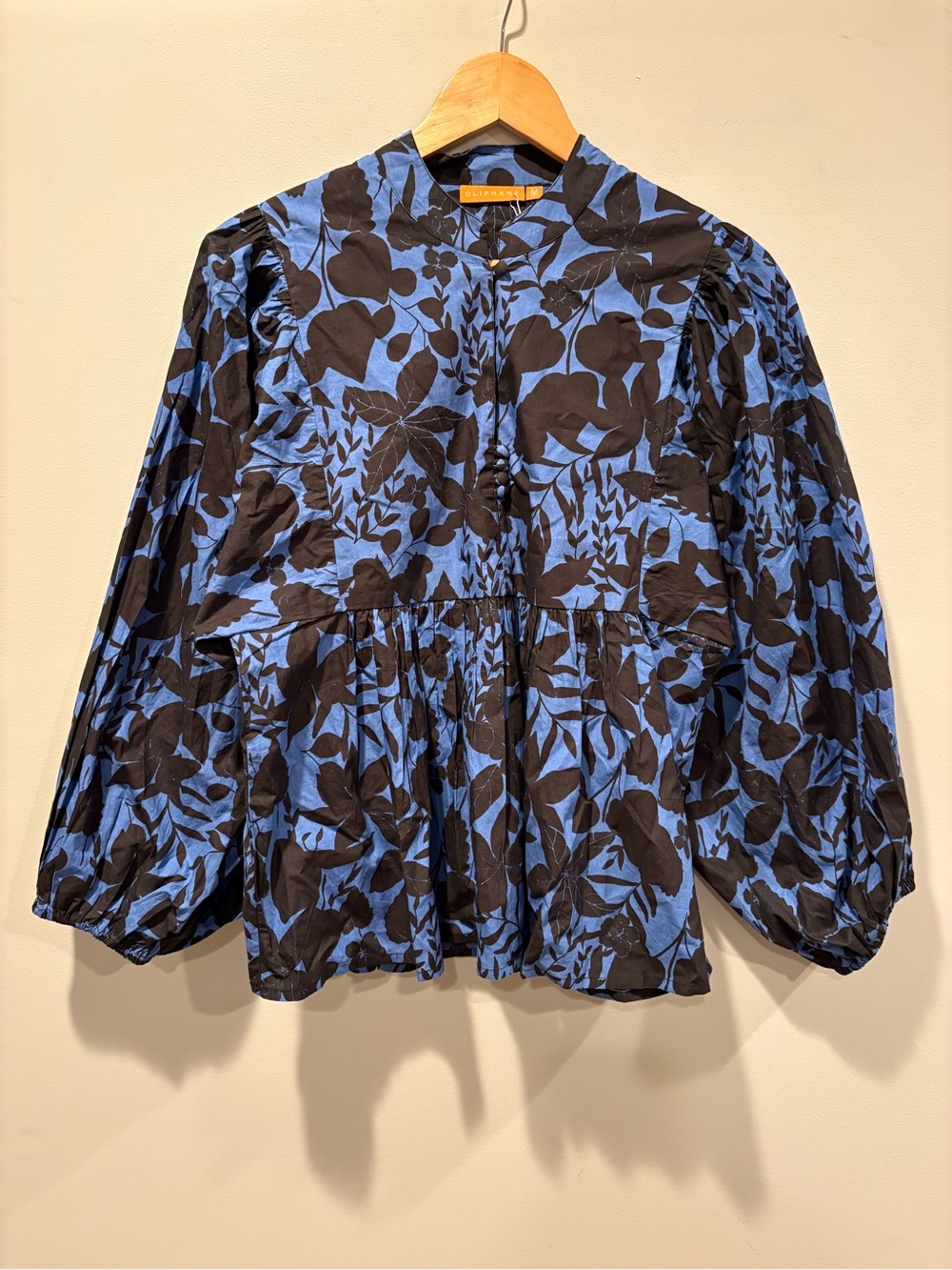Oliphant Blue Black Floral Cotton Puff Sleeve Blouse Top Sz M Boho